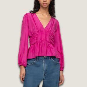 Sea New York Fabiola Silk Habotai Blouse Ruched Smocked Detailing Magenta 2 NWOT